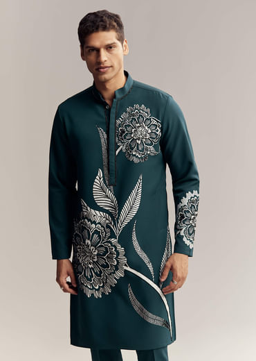 Blue Kurta Set For Men With Floral Print And Beads Work On Suiting Fabric Blue Kurta Set For Men With Floral Print And Beads Work On Suiting Fabric