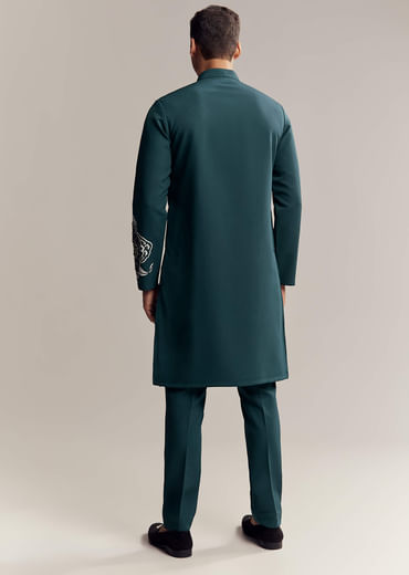 Blue Kurta Set For Men With Floral Print And Beads Work On Suiting Fabric Blue Kurta Set For Men With Floral Print And Beads Work On Suiting Fabric