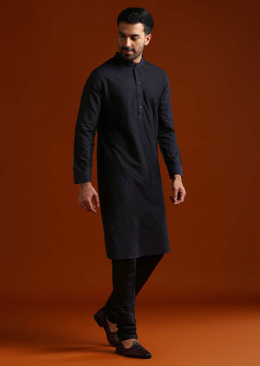 Blue Kurta Set For Men With Pintucks