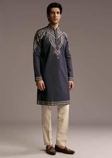 Blue Linen Kurta Set For Men With Resham Embroidery