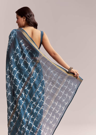Blue Linen Printed Saree With Hand Dyed Shibori Print