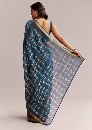 Blue Linen Printed Saree With Hand Dyed Shibori Print