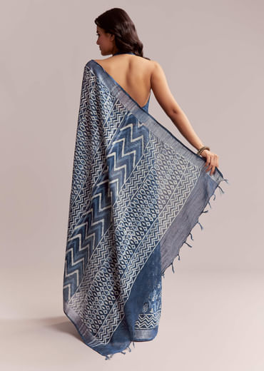 Blue Linen Printed Saree With Heritage Ajrakh Leaf Print