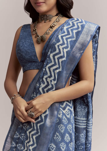 Blue Linen Printed Saree With Traditional Ajrakh Leaf Print