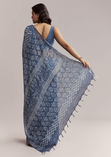 Blue Linen Printed Saree With Traditional Ajrakh Leaf Print
