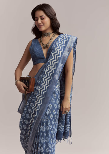 Blue Linen Printed Saree With Traditional Ajrakh Leaf Print