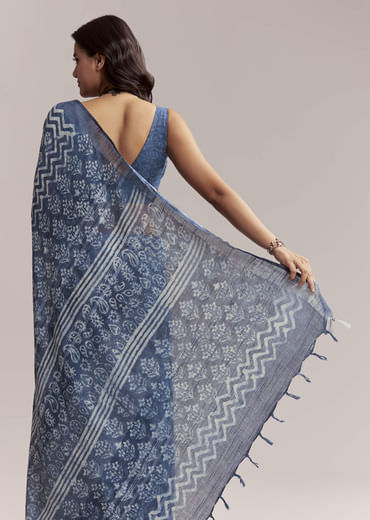 Blue Linen Printed Saree With Traditional Ajrakh Leaf Print