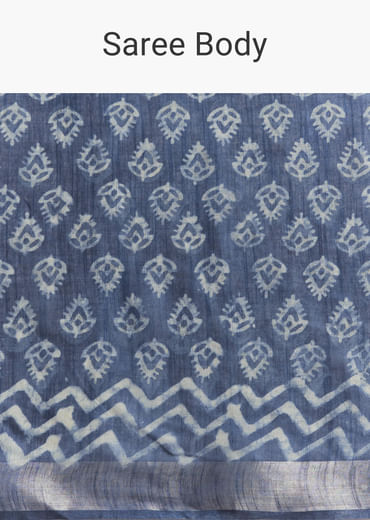 Blue Linen Printed Saree With Traditional Ajrakh Leaf Print