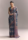Blue Linen Saree With Hand Block Ajrakh Print And Lavender Border