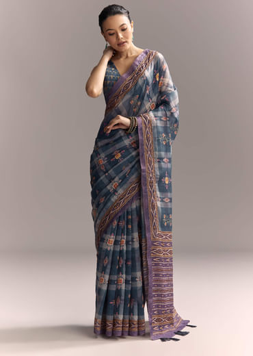 Blue Linen Saree With Hand Block Ajrakh Print And Lavender Border