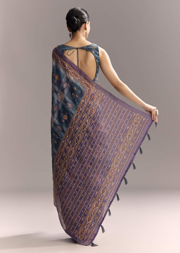 Blue Linen Saree With Hand Block Ajrakh Print And Lavender Border