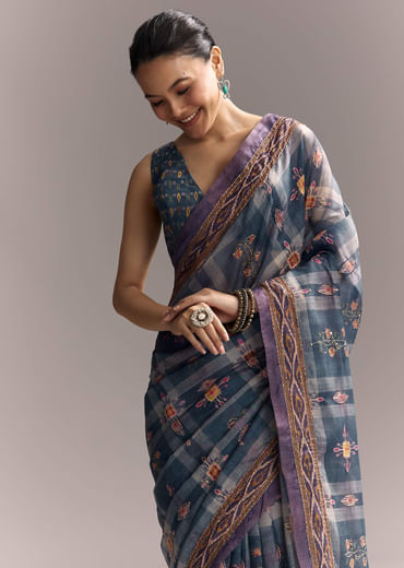 Blue Linen Saree With Hand Block Ajrakh Print And Lavender Border