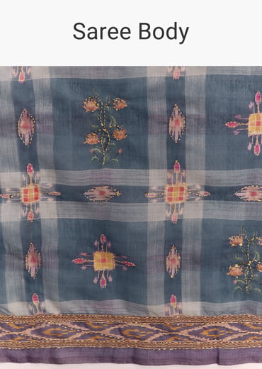 Blue Linen Saree With Hand Block Ajrakh Print And Lavender Border