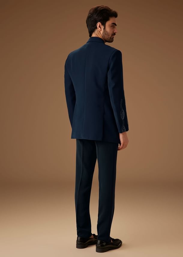Blue Linen Tuxedo With Hand Embroidery
