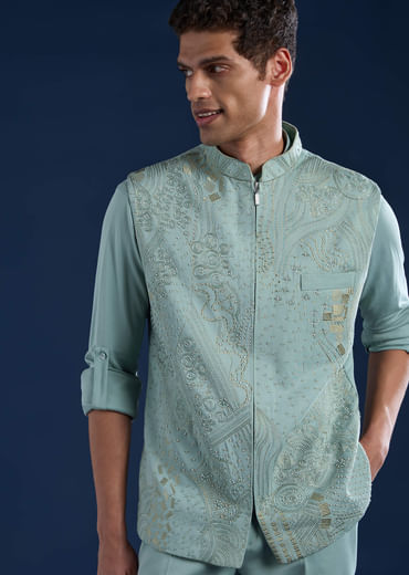 Blue Mens Cutdana Work Jacket Kurta and Pant Set