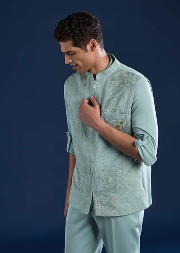 Blue Mens Cutdana Work Jacket Kurta and Pant Set