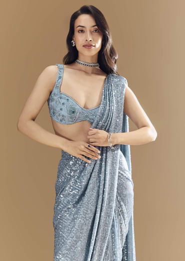 Blue Metallic Shimmer Ready Pleated Saree with Blouse