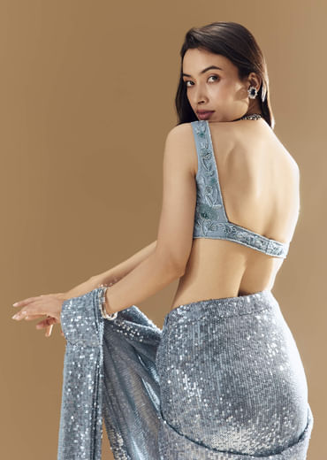 Blue Metallic Shimmer Ready Pleated Saree with Blouse