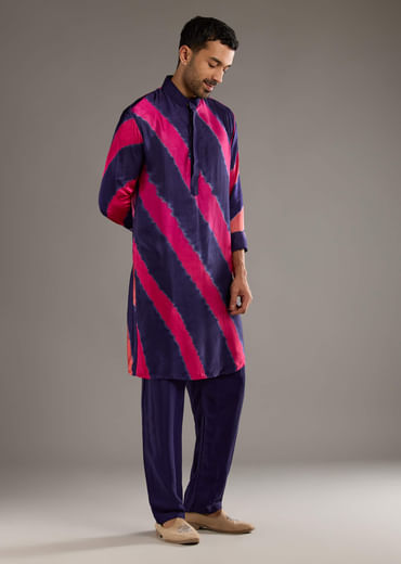 Blue Modal Kurta Set For Men With Hand Dyed Leheriya Print