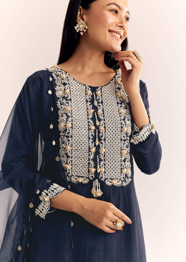 Blue Moti Threadwork Dola Silk Sharara Suit With Organza Dupatta