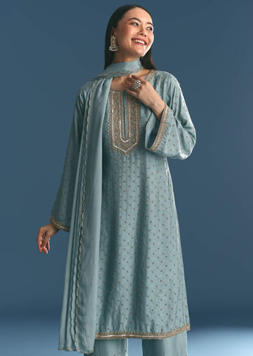 Blue Kurta Dupatta Set With Moti Cutdana Work