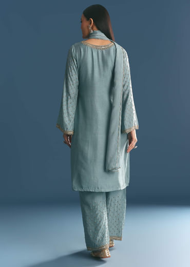 Blue Kurta Dupatta Set With Moti Cutdana Work