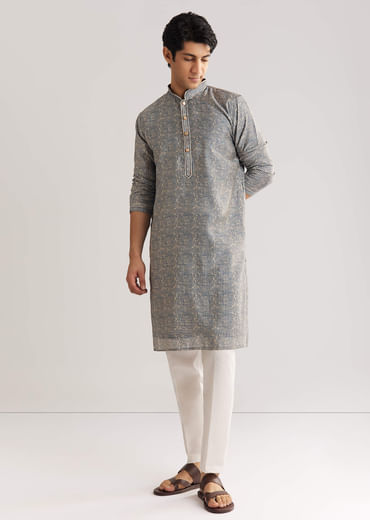 Blue Muslin Kurta Set With Mandarin Collar