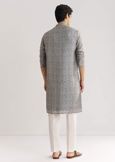 Blue Muslin Kurta Set With Mandarin Collar