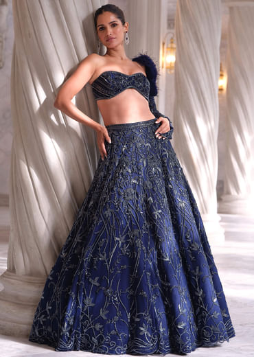Blue Net Bridal Lehenga With Cut Dana And Beads Embroidery