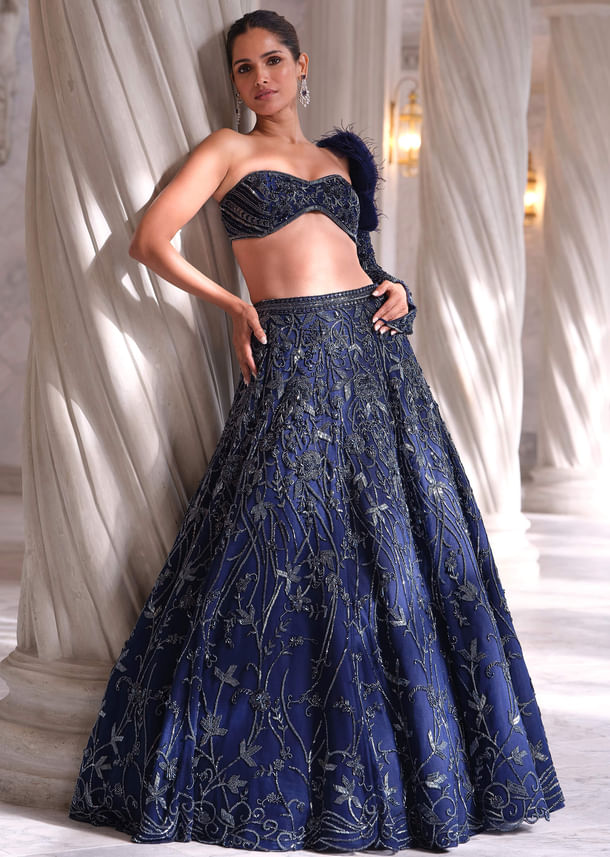 Blue Net Bridal Lehenga With Cut Dana And Beads Embroidery