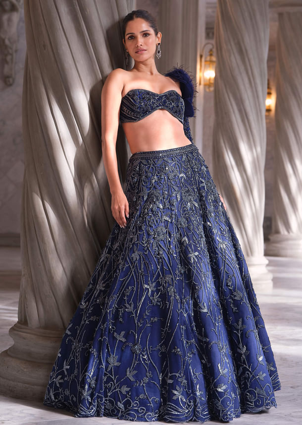 Blue Net Bridal Lehenga With Cut Dana And Beads Embroidery