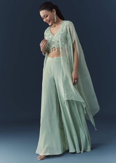 Blue Organza Embroidered Crop Top Palazzo Set with Cape