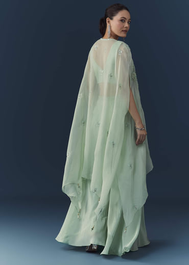 Blue Organza Embroidered Crop Top Palazzo Set with Cape