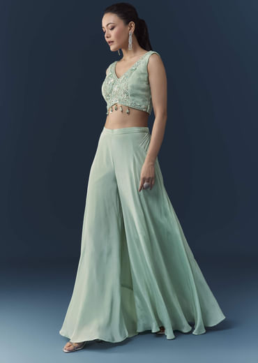 Blue Organza Embroidered Crop Top Palazzo Set with Cape