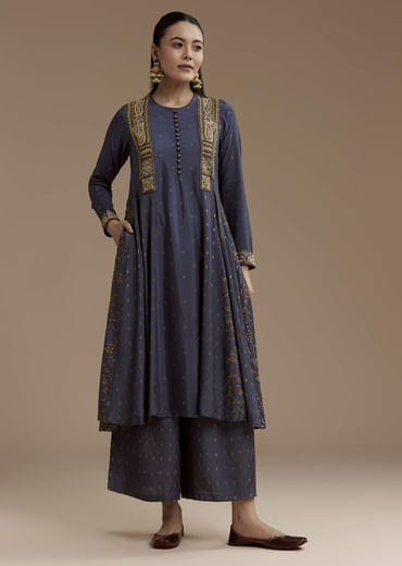 Blue Printed Cotton Kurta Palazzo Set with Thread Work