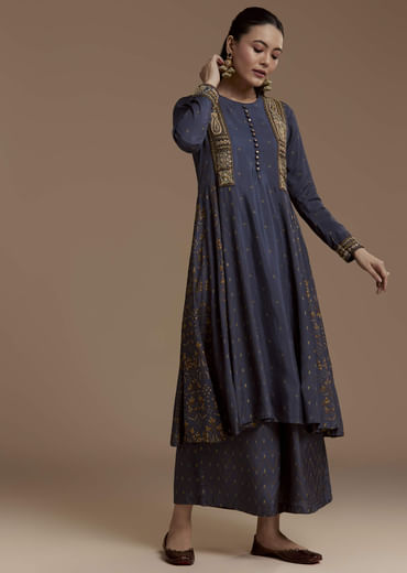 Blue Printed Cotton Kurta Palazzo Set with Thread Work
