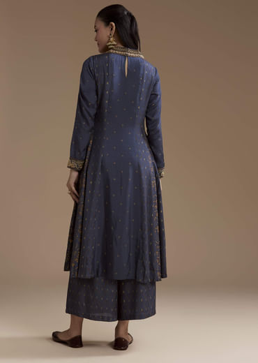 Blue Printed Cotton Kurta Palazzo Set with Thread Work