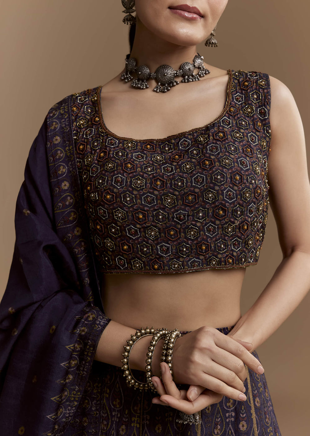 Blue Printed Silk Bridesmaid Lehenga Set with Cutdana Blouse