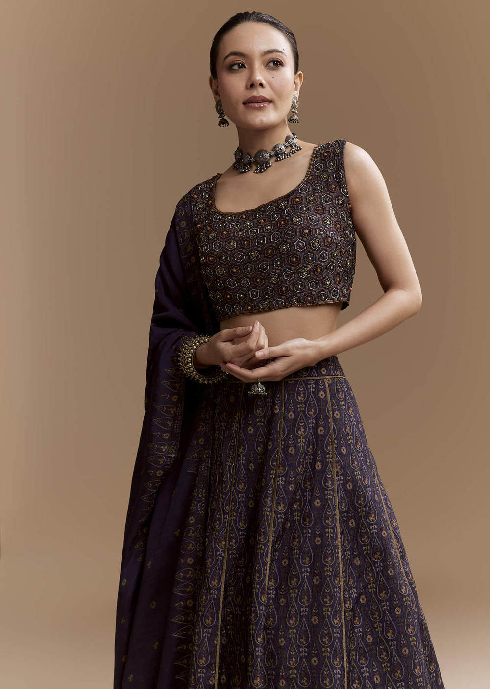 Blue Printed Silk Bridesmaid Lehenga Set with Cutdana Blouse