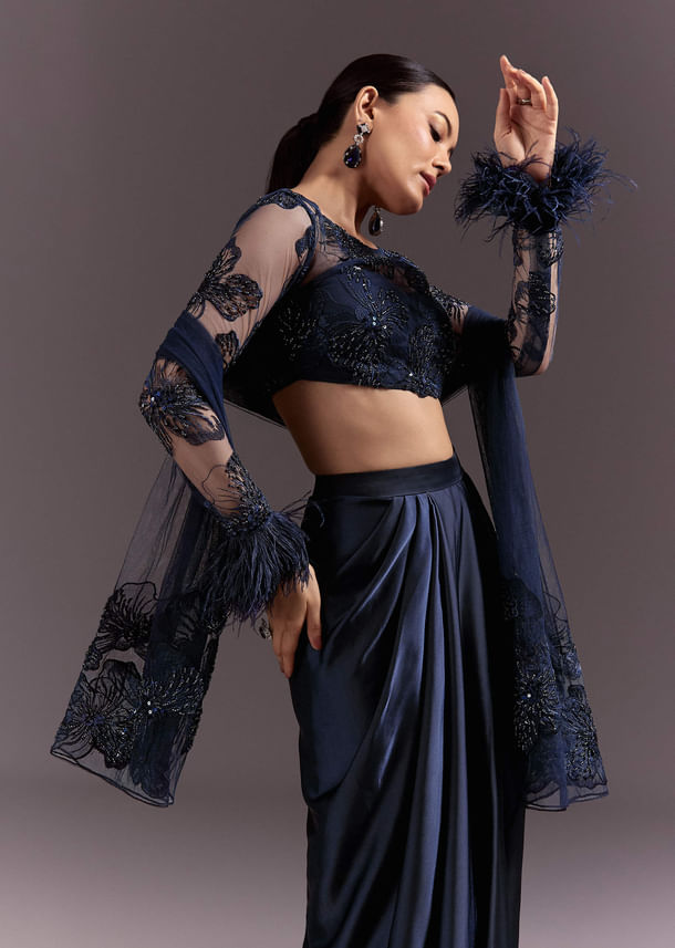 Blue Ready To Wear Saree With Full Sleeve Net Blouse Blue Ready To Wear Saree With Full Sleeve Net Blouse