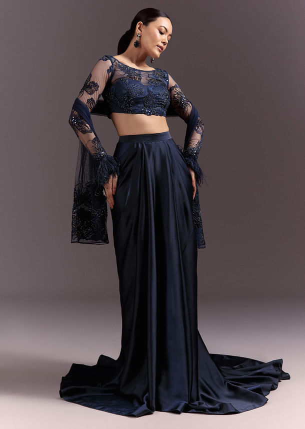 Blue Ready To Wear Saree With Full Sleeve Net Blouse Blue Ready To Wear Saree With Full Sleeve Net Blouse