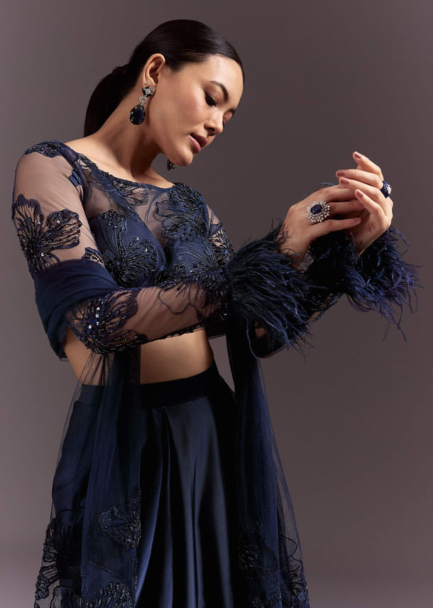 Blue Ready To Wear Saree With Full Sleeve Net Blouse Blue Ready To Wear Saree With Full Sleeve Net Blouse