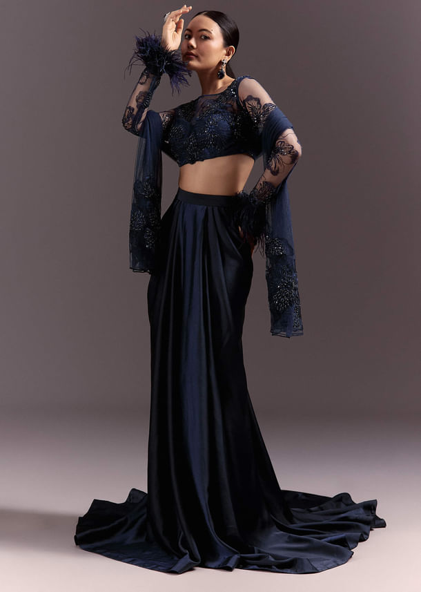 Blue Ready To Wear Saree With Full Sleeve Net Blouse Blue Ready To Wear Saree With Full Sleeve Net Blouse