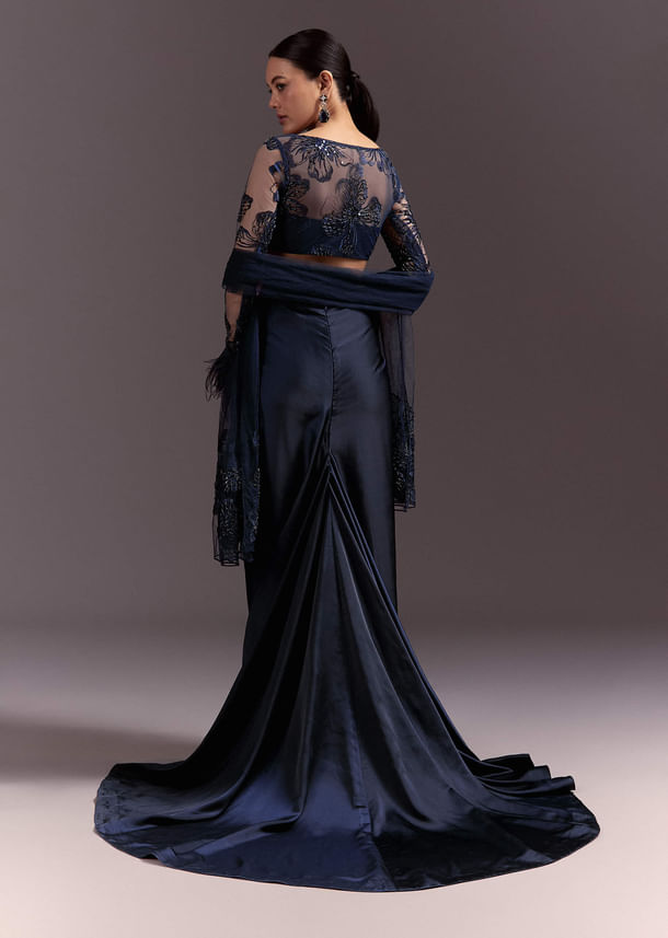 Blue Ready To Wear Saree With Full Sleeve Net Blouse Blue Ready To Wear Saree With Full Sleeve Net Blouse