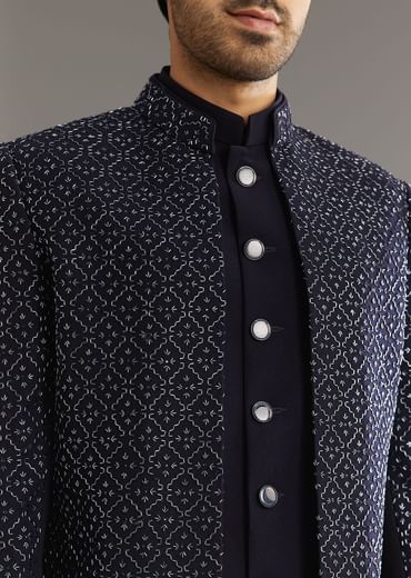 Blue Salli And Diamond Embellished Indo Western Set In Suiting Fabric
