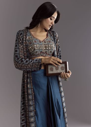 Blue Satin Ajrakh Printed Indowestern Croptop Jacket With Mirror Work