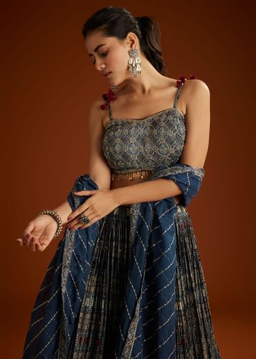 Blue Satin Ajrakh Printed Lehenga Choli With Dupatta