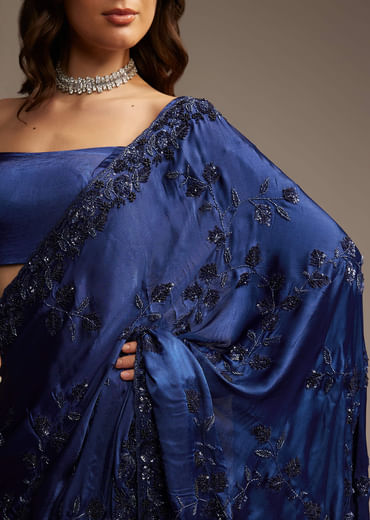 Blue Satin Chinon Saree with Heavy Jaal Embroidery