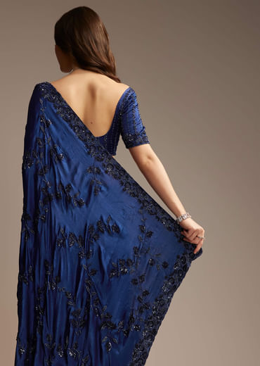 Blue Satin Chinon Saree with Heavy Jaal Embroidery