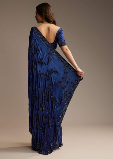 Blue Satin Chinon Saree with Heavy Jaal Embroidery